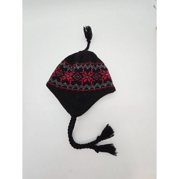 L.L. Bean Mens Black & Red Snowflake Wool Tassel Knit Winter Hat - Picture 5 of 6